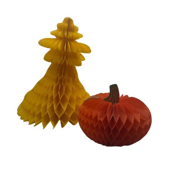 Vintage Honeycomb Paper Pumpkin & Cornstalk Decorations Fall Thanksgiving - Picture 1 of 8